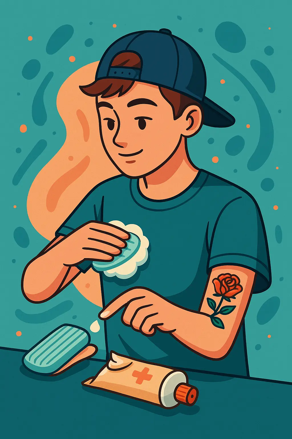 تصویر یک جوان که با صابون ملایم تتوی خود را می‌شوید و پماد روی آن می‌زند، با پس‌زمینه‌ای رنگارنگ و حال‌وهوای جوانانه.